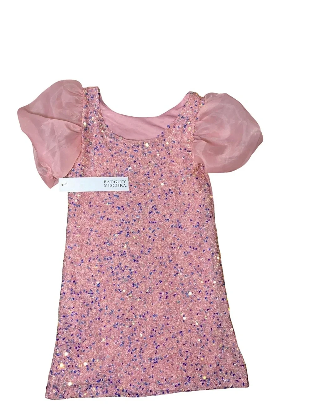 Badgley Mischka Girls Pink Sequin Sheath Dress Organza Puff Sleeve Size 12 NWT